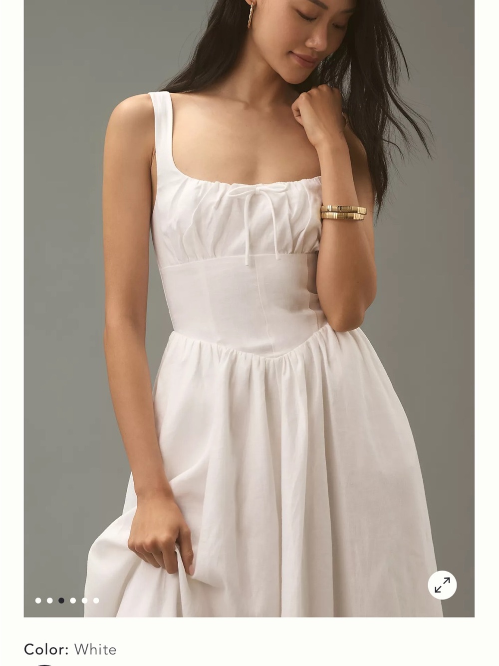 Reformation White Midi Dress with Gathered Bodice